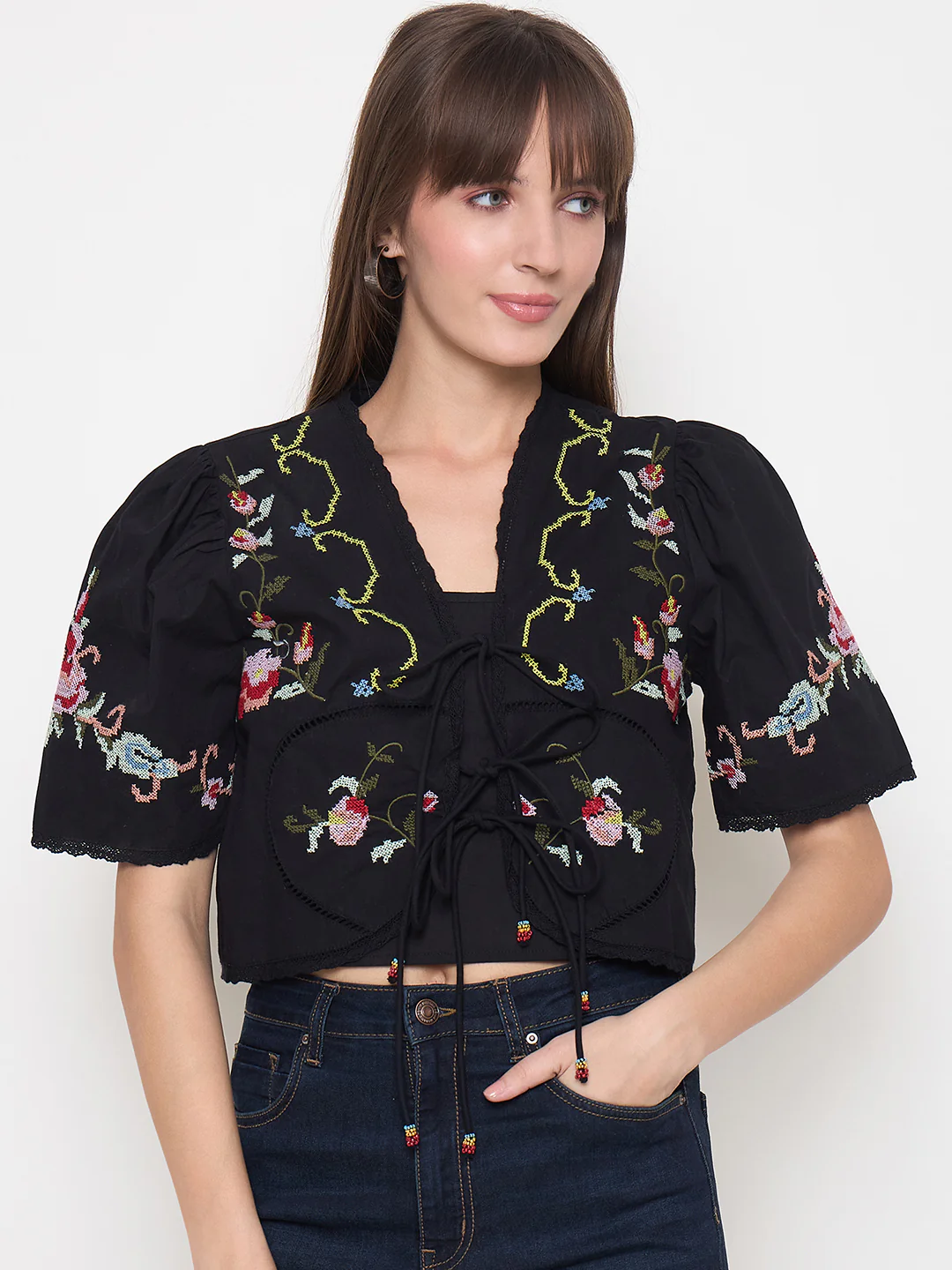 Madame Floral Embroidered Tie-Front Black Crop Top - Image 3