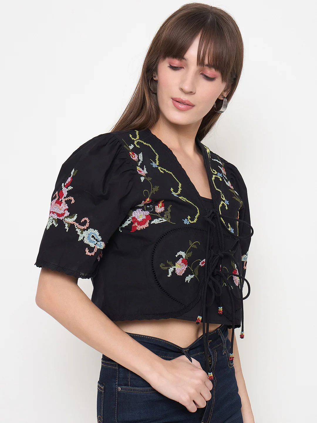 Madame Floral Embroidered Tie-Front Black Crop Top - Image 4