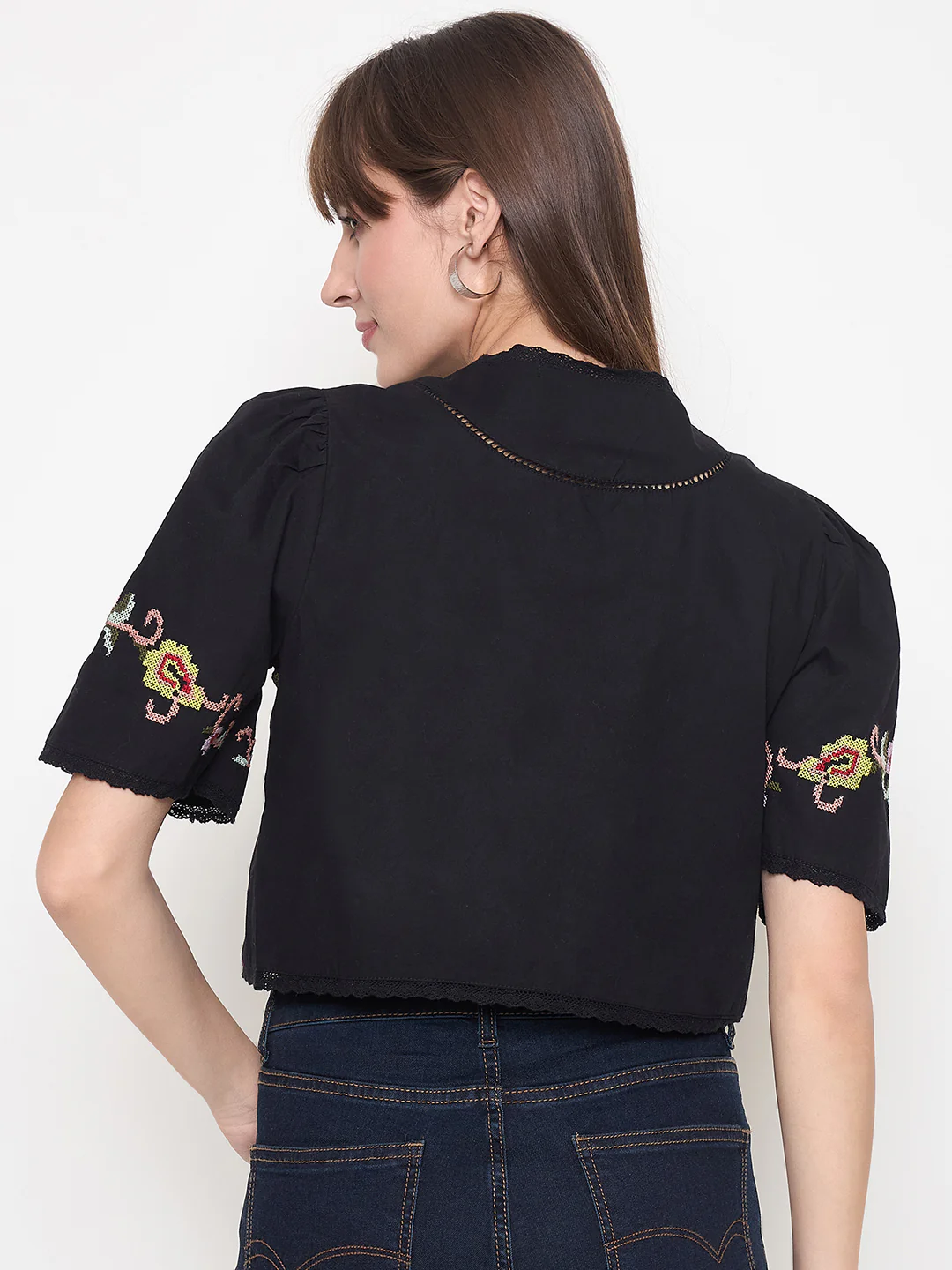 Madame Floral Embroidered Tie-Front Black Crop Top - Image 7