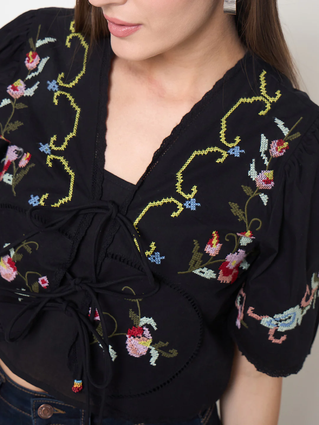 Madame Floral Embroidered Tie-Front Black Crop Top - Image 8
