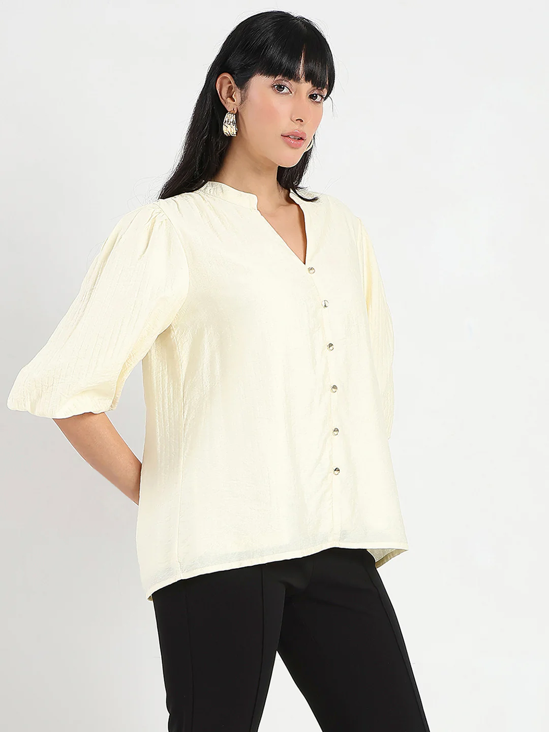 Madame Textured Ruffle Neck Rayon Blend Off White Top - Image 4