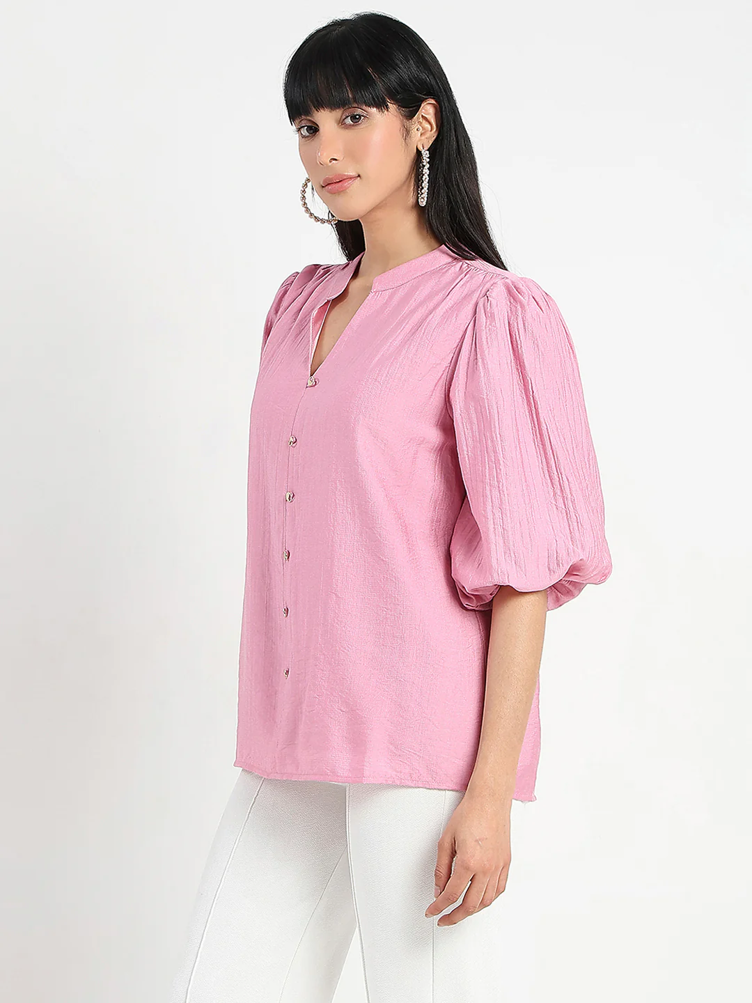 Madame Textured Ruffle Neck Rayon Blend Pink Top - Image 5