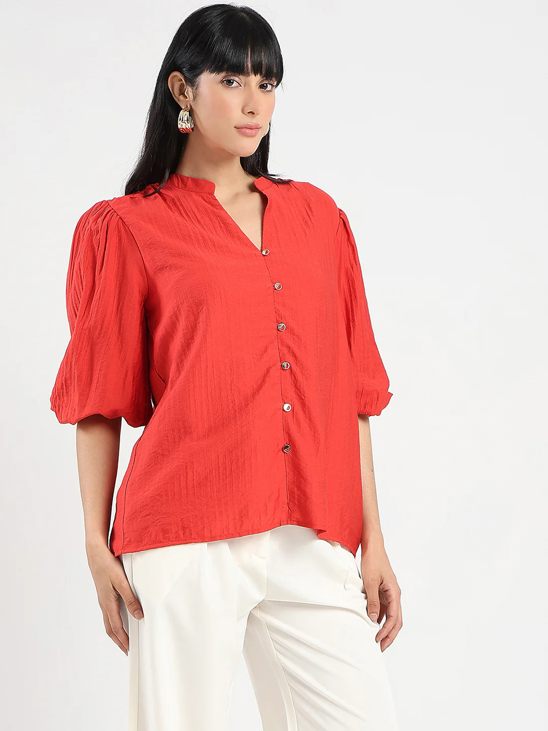 Madame Textured Ruffle Neck Rayon Blend Red Top - Image 5