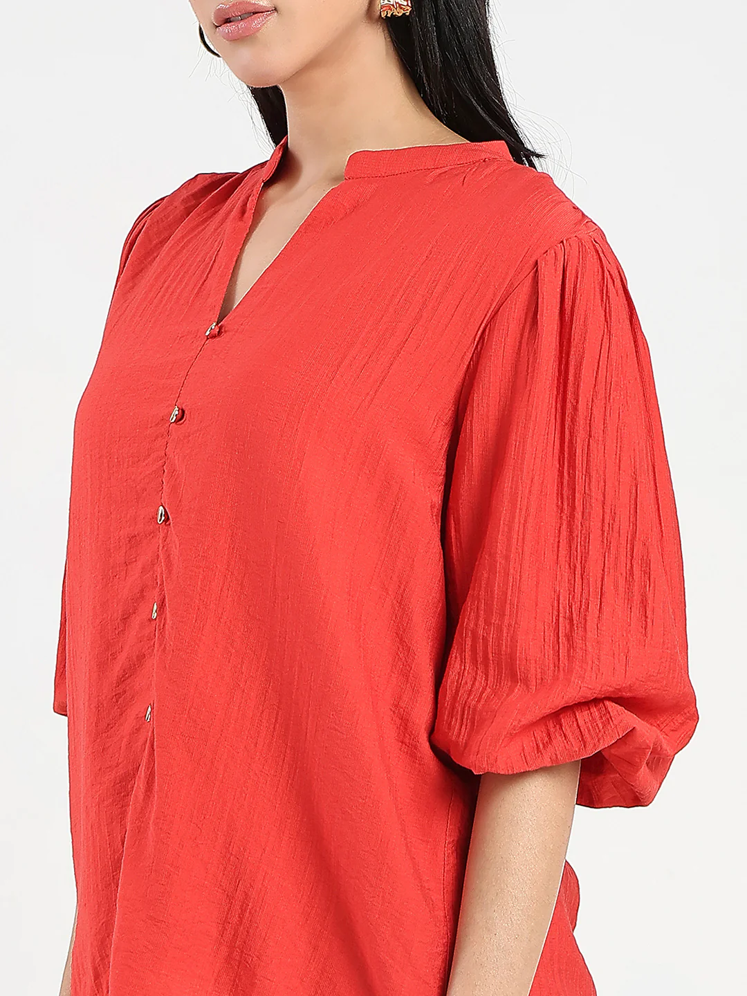 Madame Textured Ruffle Neck Rayon Blend Red Top - Image 7