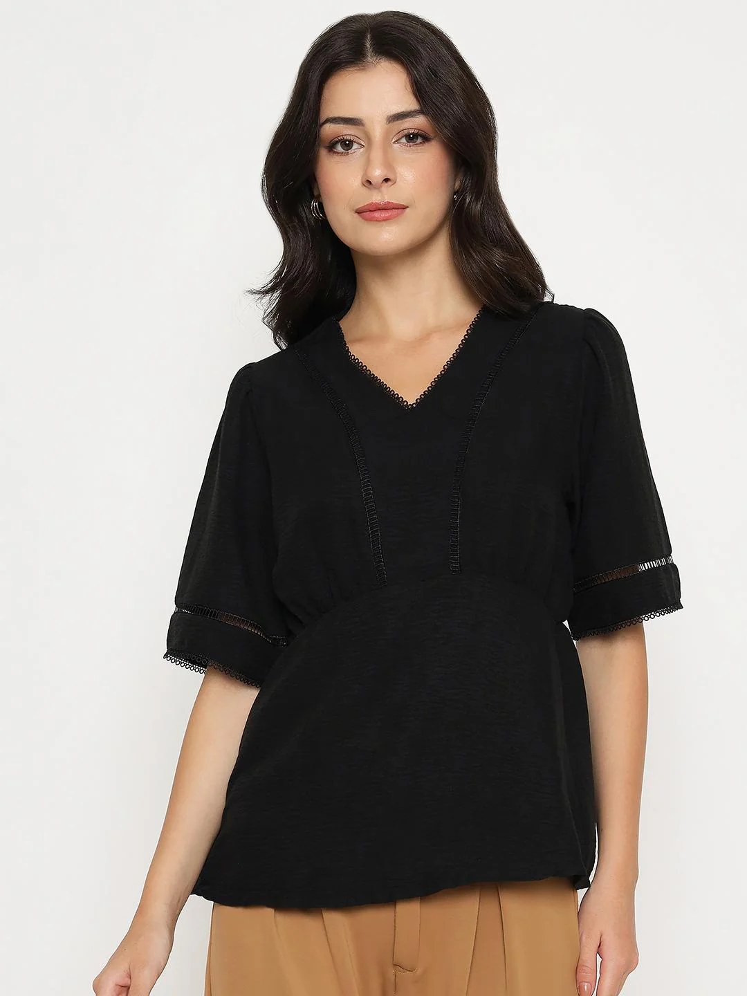 Madame V Neck Black Peplum Top - Image 3