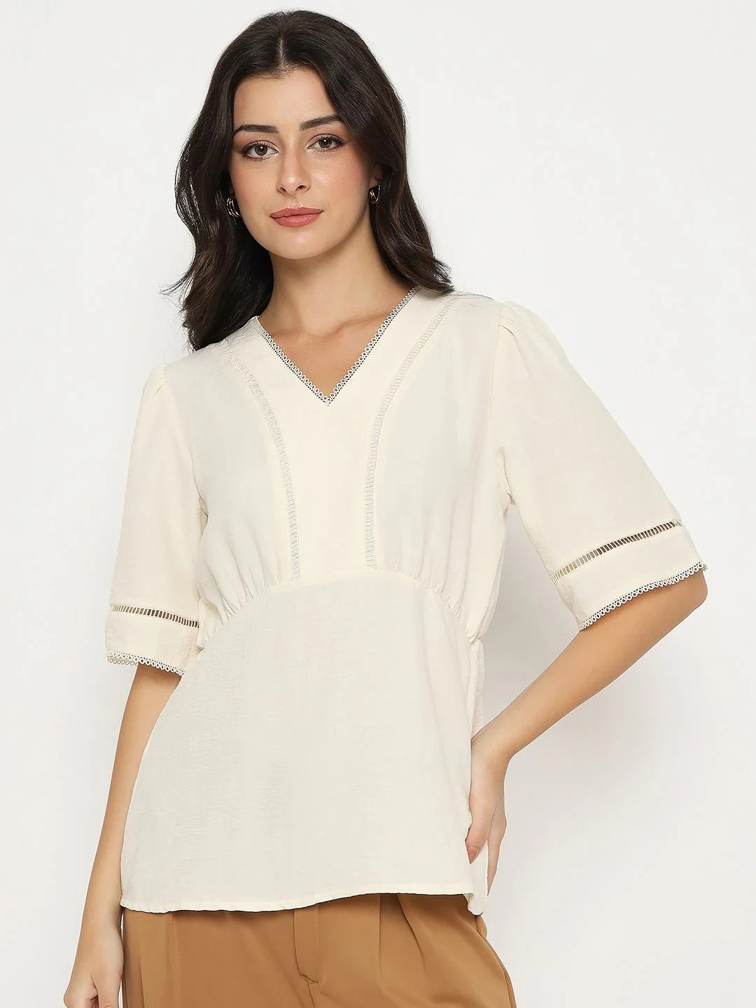 Madame V Neck Off White Peplum Top - Image 3