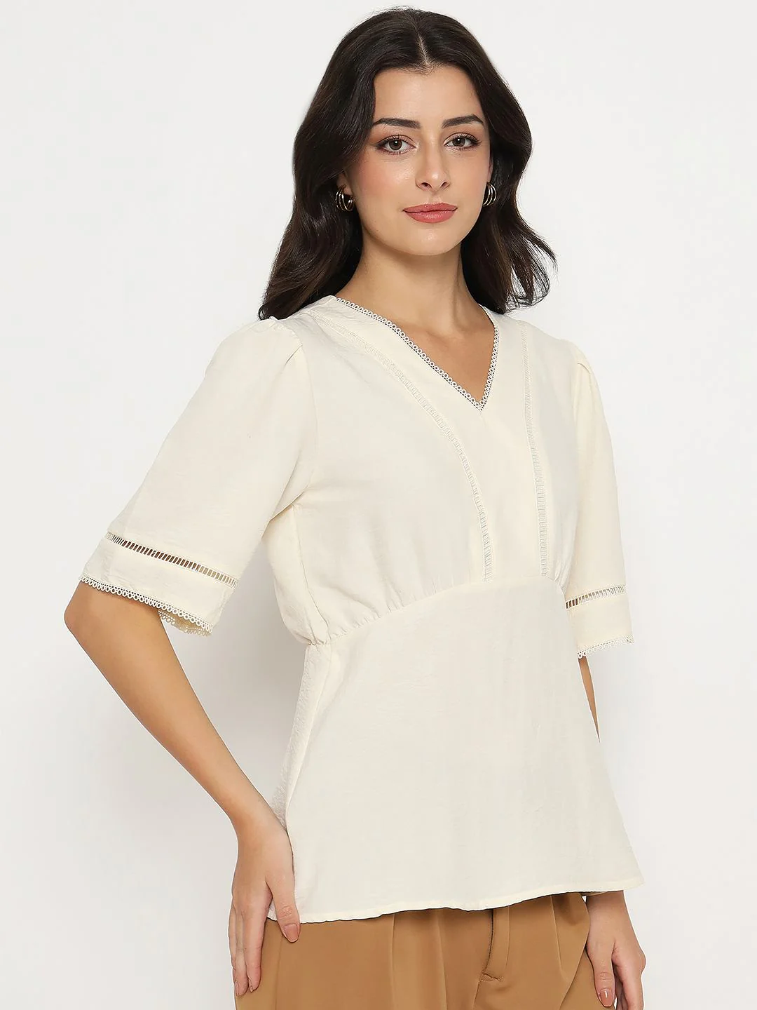 Madame V Neck Off White Peplum Top - Image 4