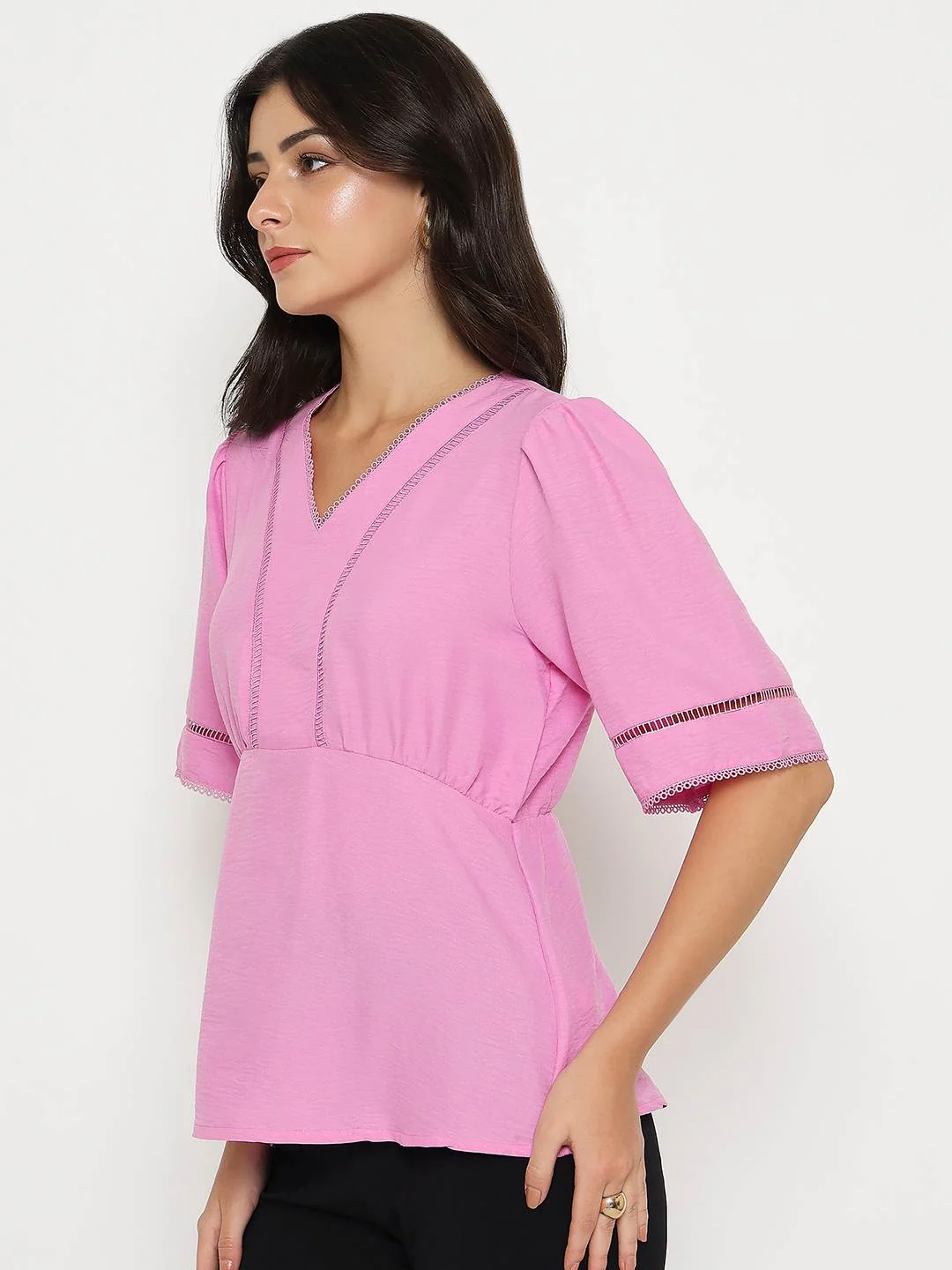 Madame V Neck Pink Peplum Top - Image 5
