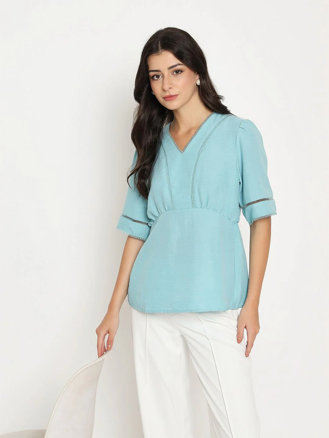 Madame V Neck Sea Green Peplum Top
