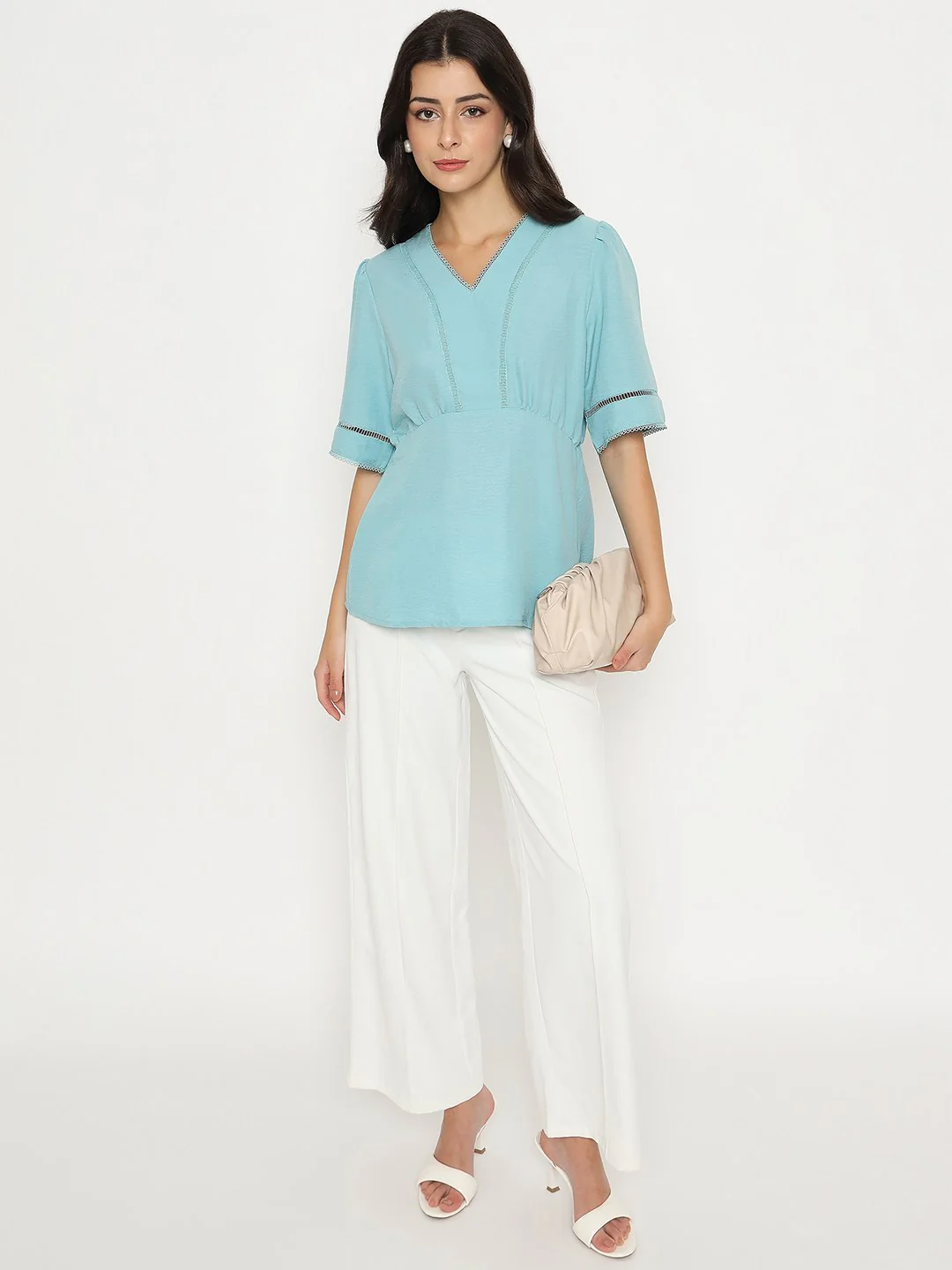 Madame V Neck Sea Green Peplum Top - Image 2