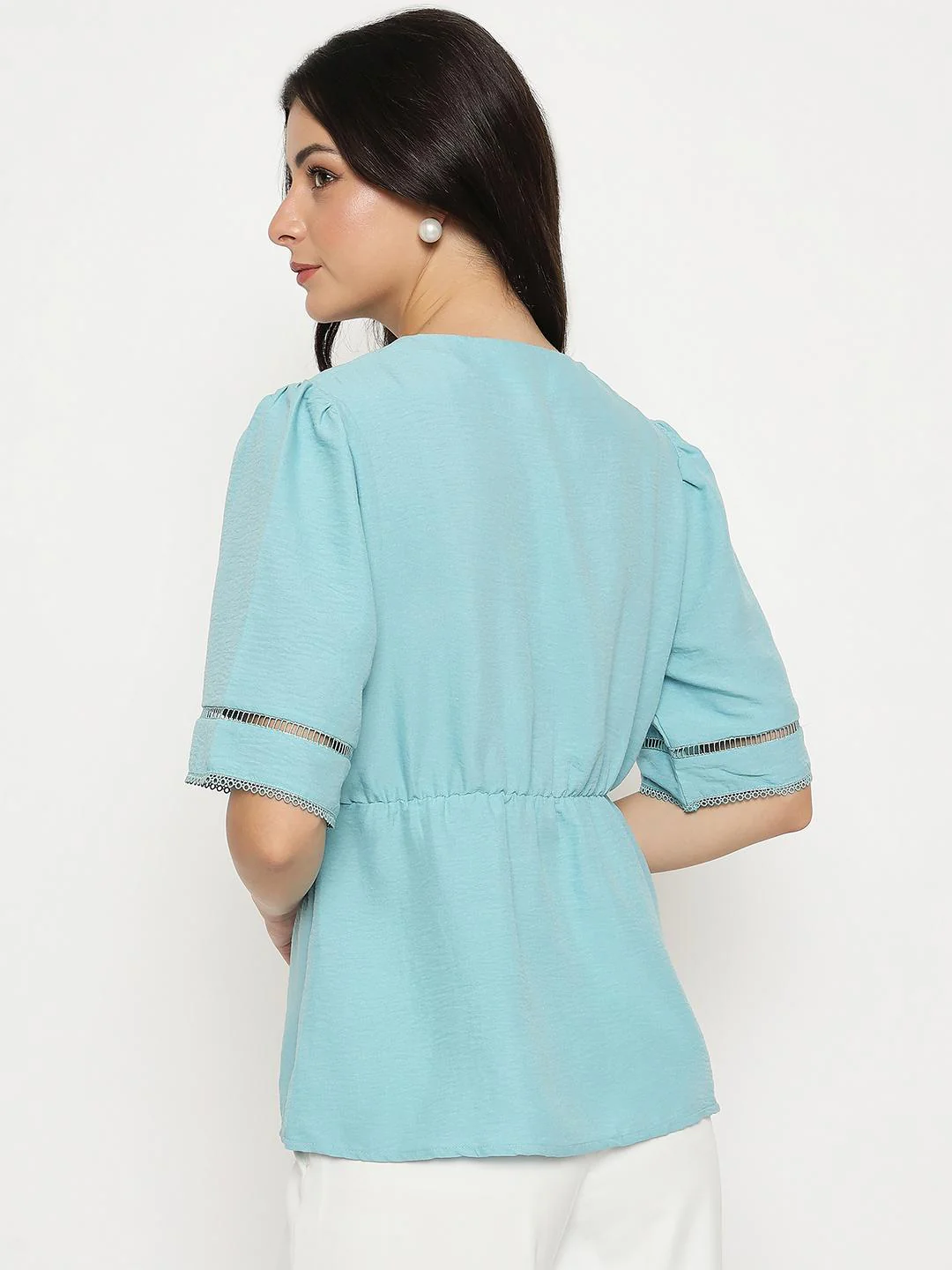 Madame V Neck Sea Green Peplum Top - Image 6