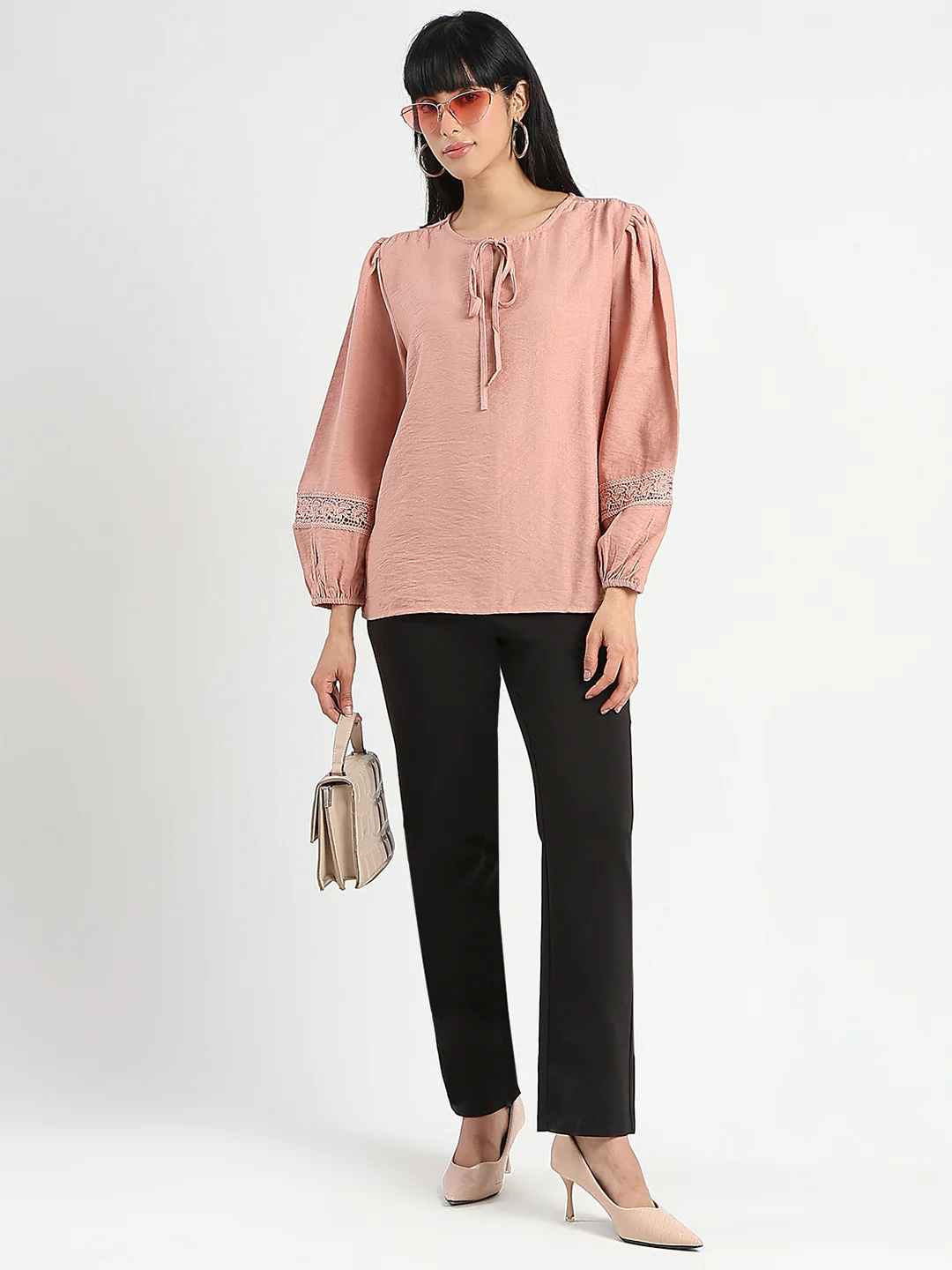 Madame Tie Neck Blush Pink Rayon Blend Top - Image 2