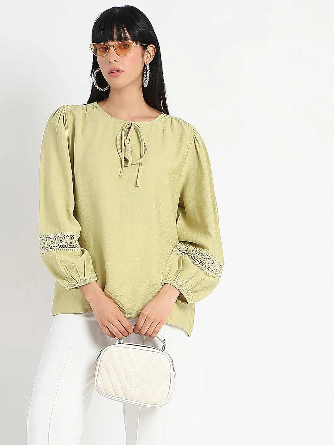 Madame Tie Neck Green Rayon Blend Top