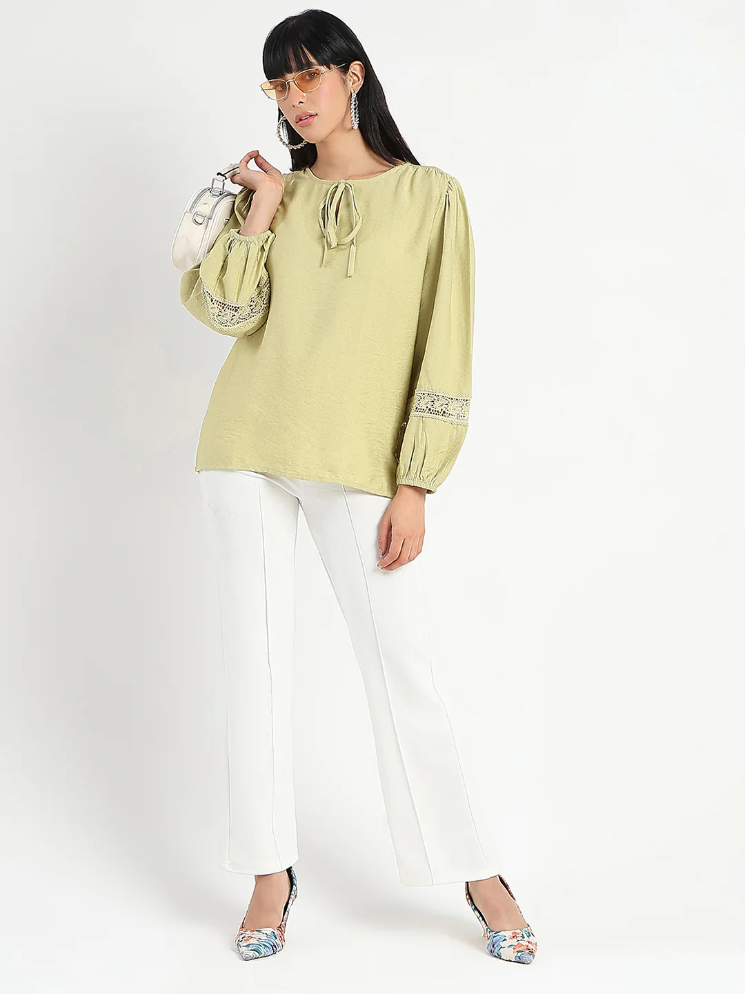 Madame Tie Neck Green Rayon Blend Top - Image 2