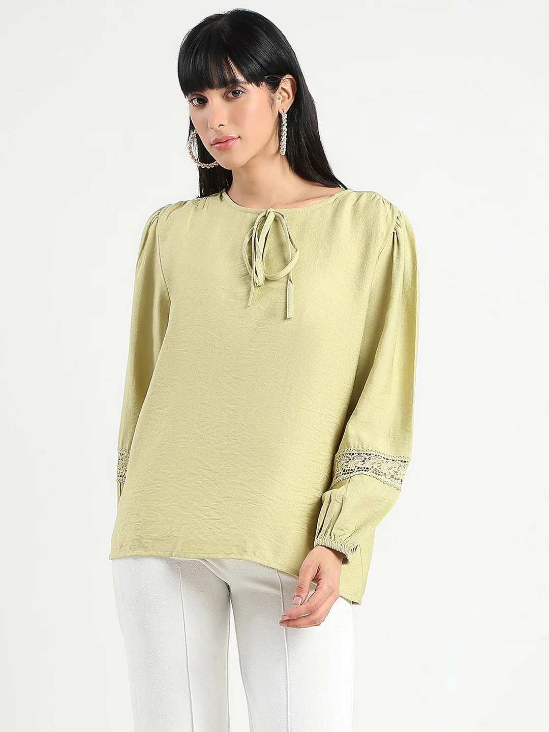 Madame Tie Neck Green Rayon Blend Top - Image 3