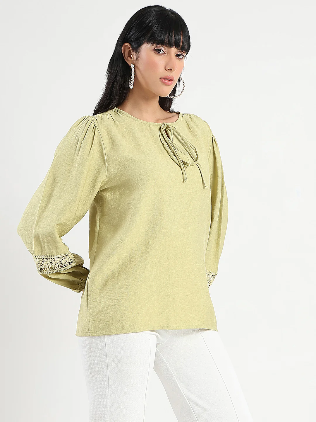 Madame Tie Neck Green Rayon Blend Top - Image 4