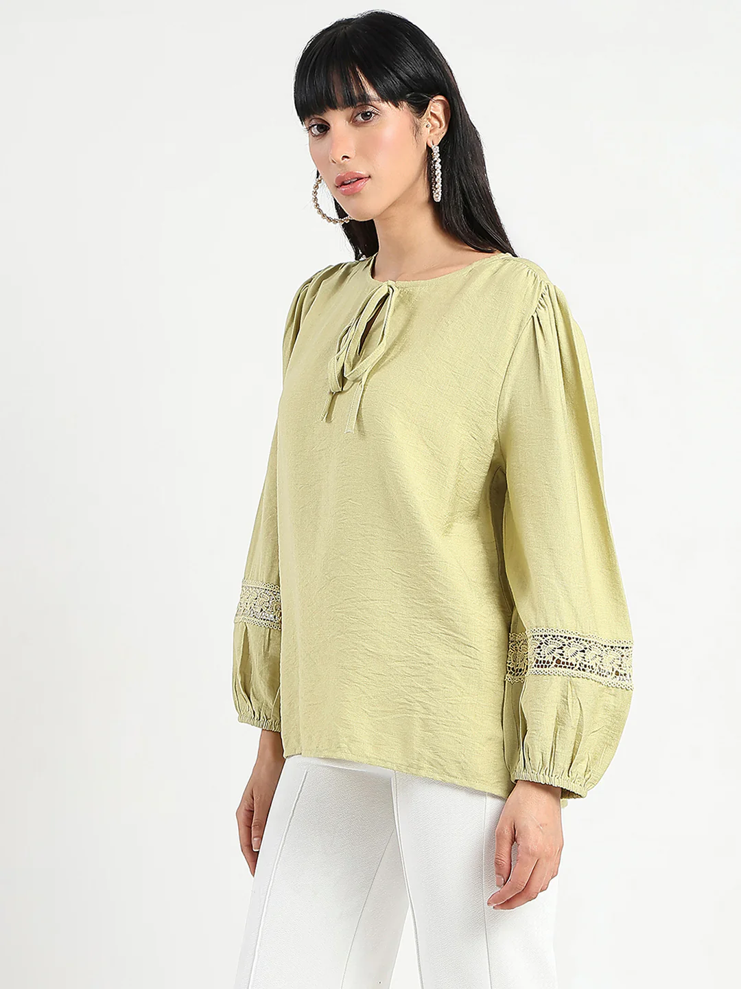 Madame Tie Neck Green Rayon Blend Top - Image 5