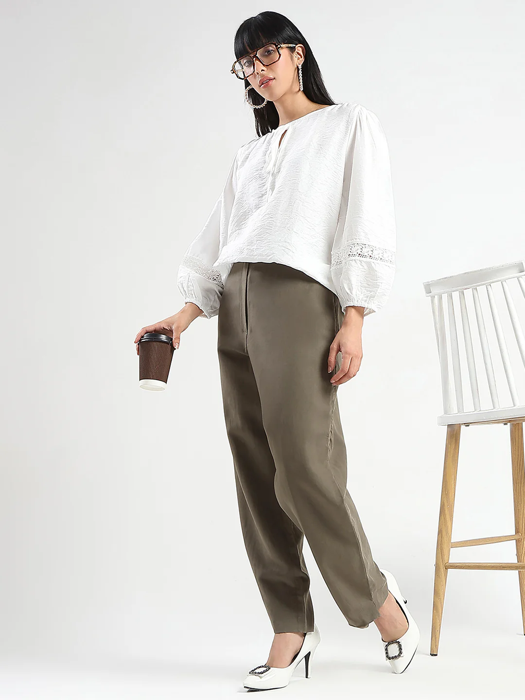 Madame Tie Neck Off White Rayon Blend Top - Image 2