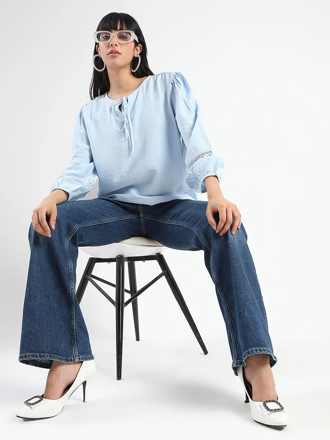 Madame Tie Neck Powder Blue Rayon Blend Top - Image 2