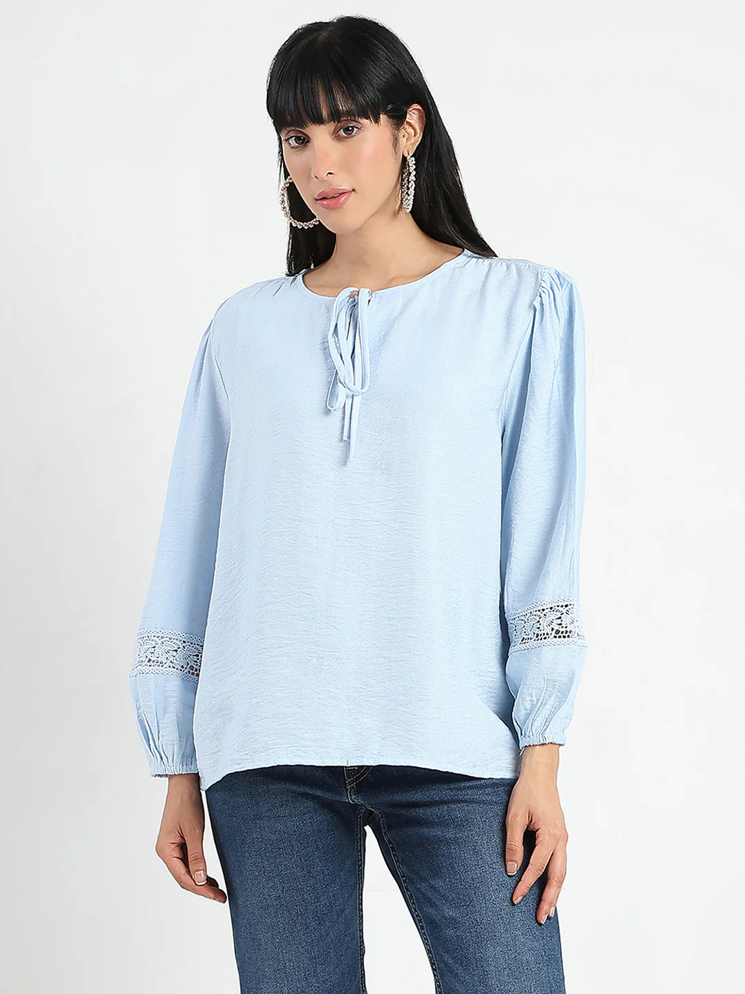 Madame Tie Neck Powder Blue Rayon Blend Top - Image 3
