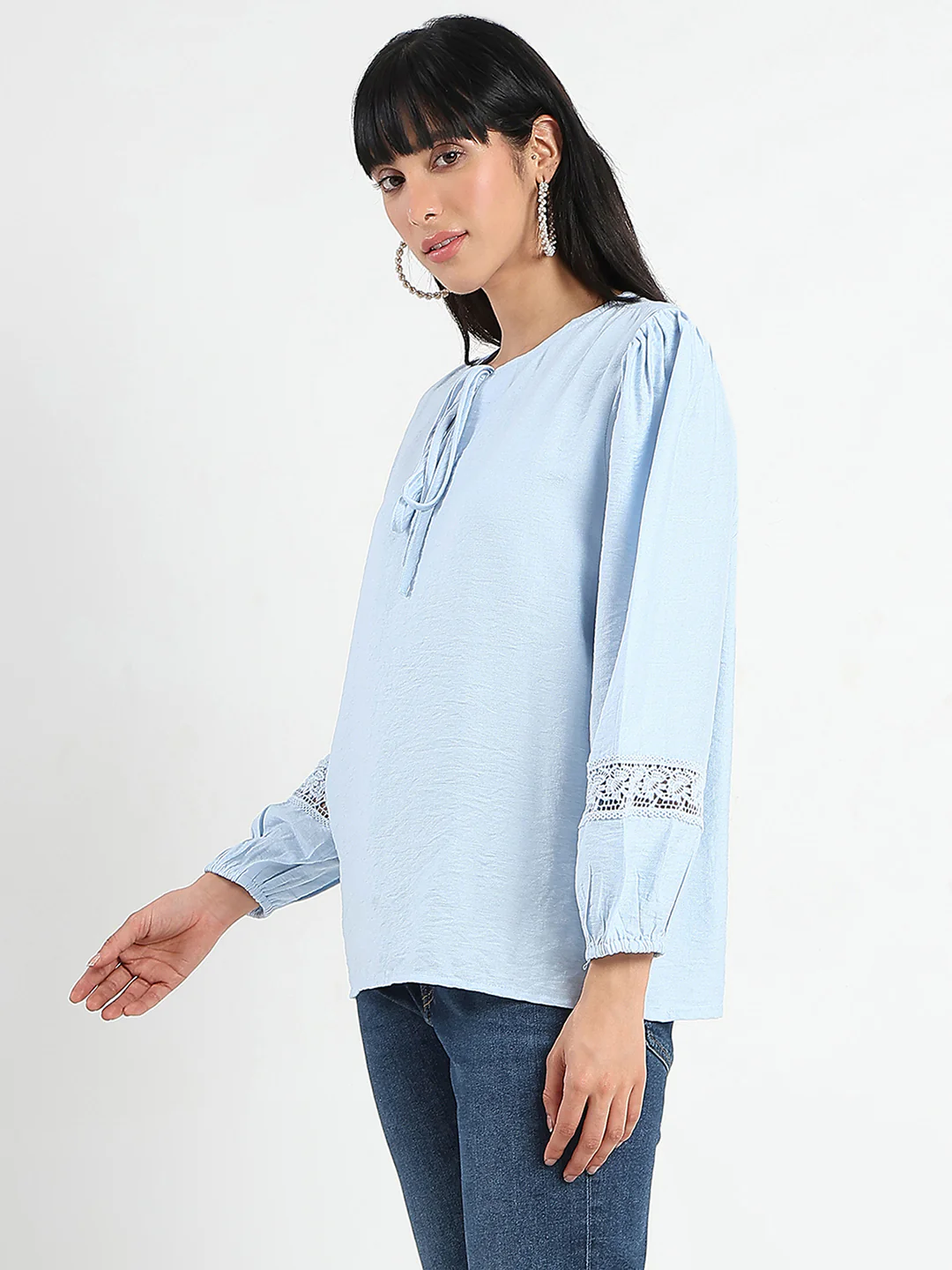 Madame Tie Neck Powder Blue Rayon Blend Top - Image 5