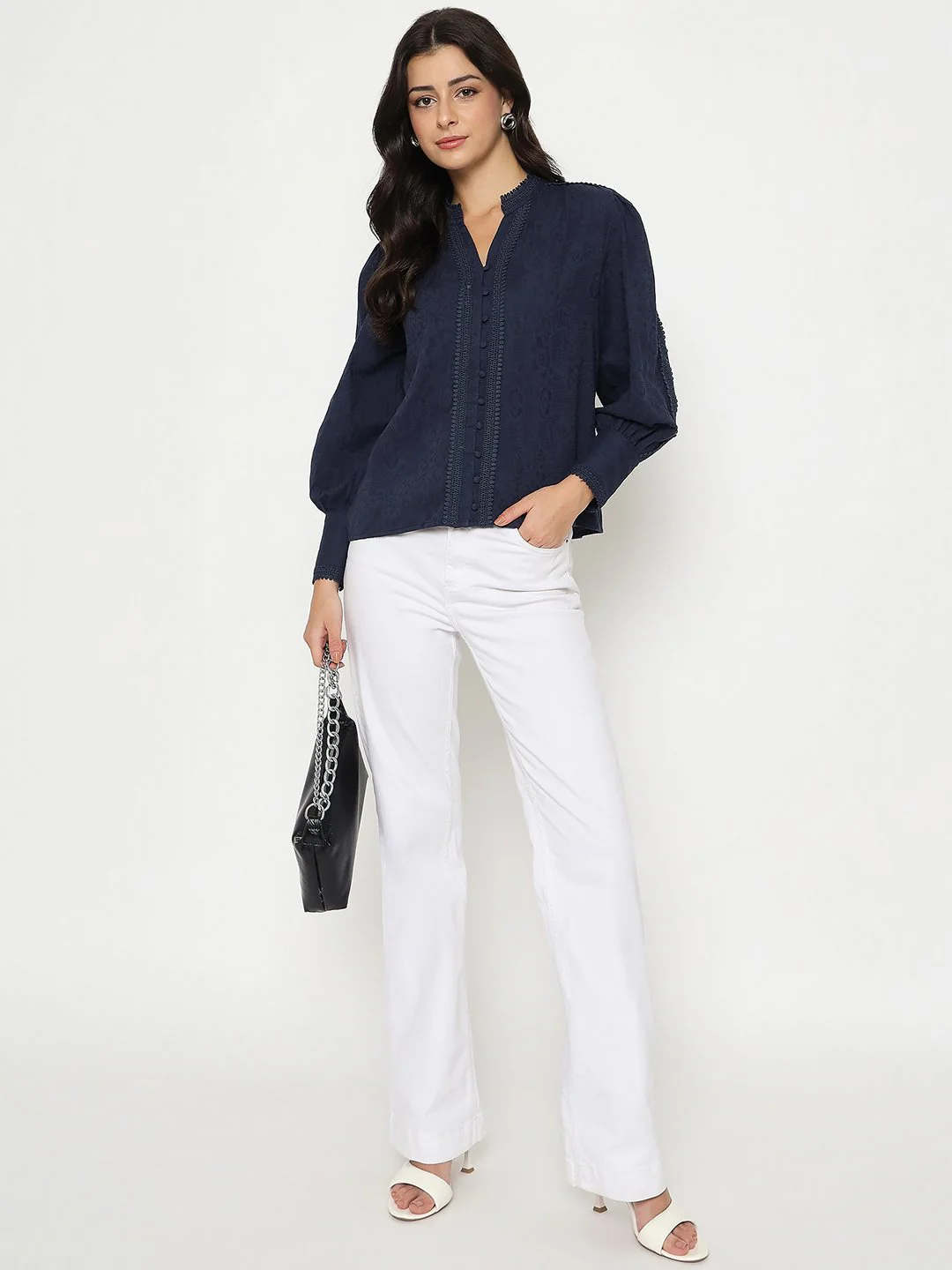 Madame Gathered Shoulders Navy Blue Cotton Top - Image 2