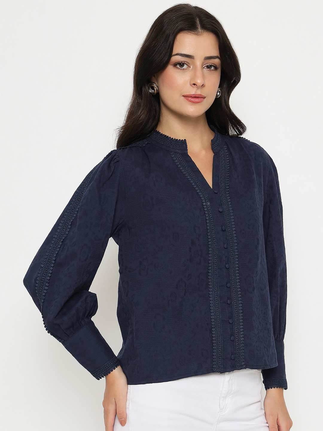 Madame Gathered Shoulders Navy Blue Cotton Top - Image 4