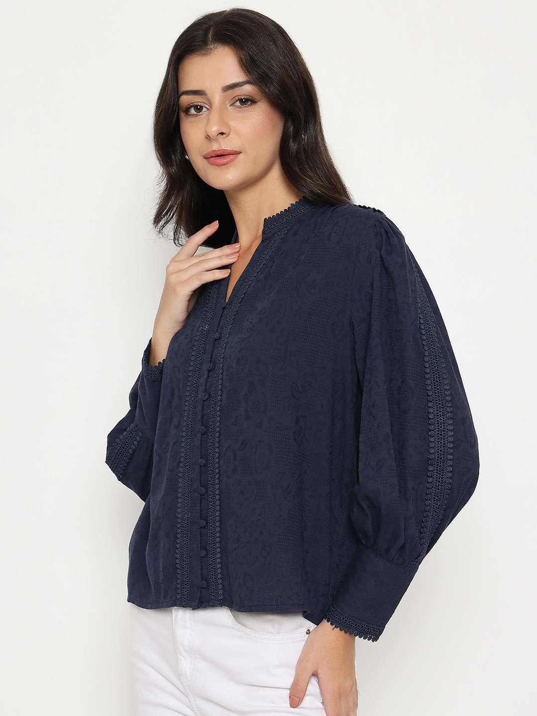 Madame Gathered Shoulders Navy Blue Cotton Top - Image 5