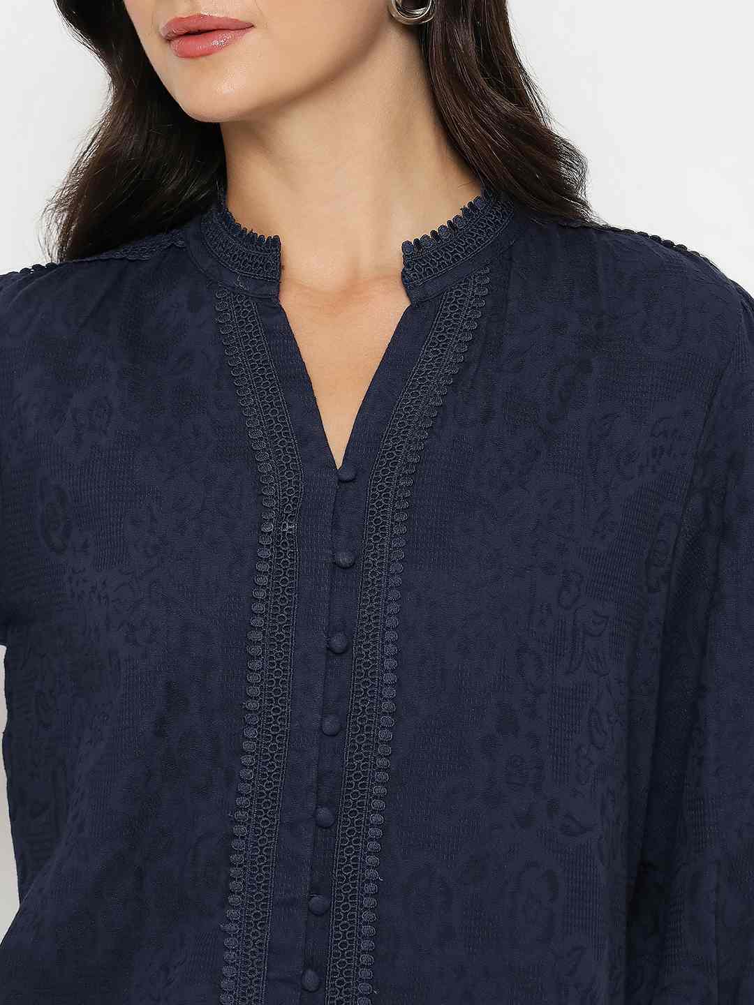 Madame Gathered Shoulders Navy Blue Cotton Top - Image 7