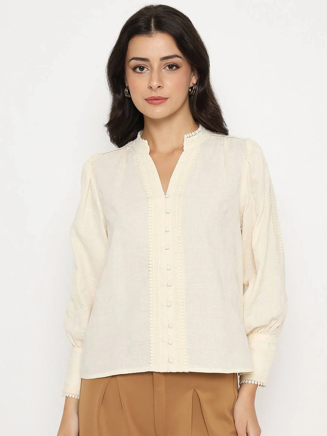 Madame Gathered Shoulders Off White Cotton Top - Image 3