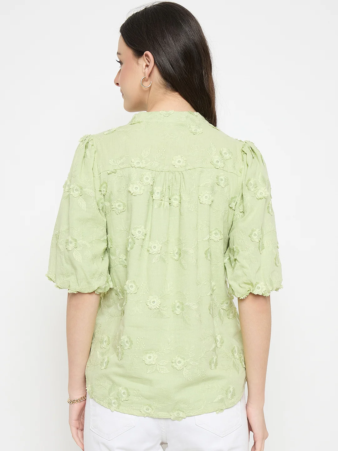 Madame Apple Green Cotton Mandarin Collar Top - Image 6