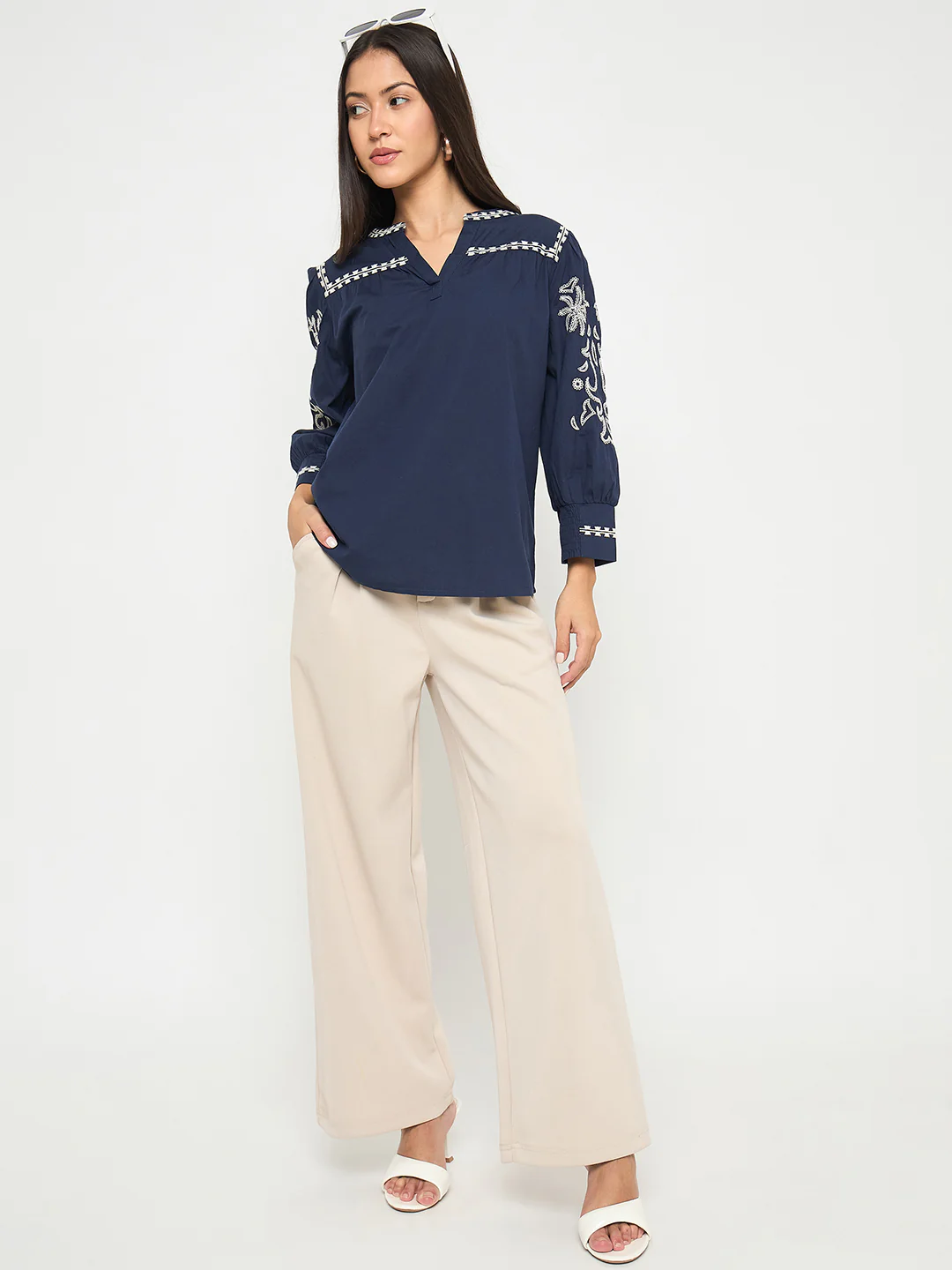 Madame Embroidered Split Crew Neck Navy Blue Cotton Top - Image 2