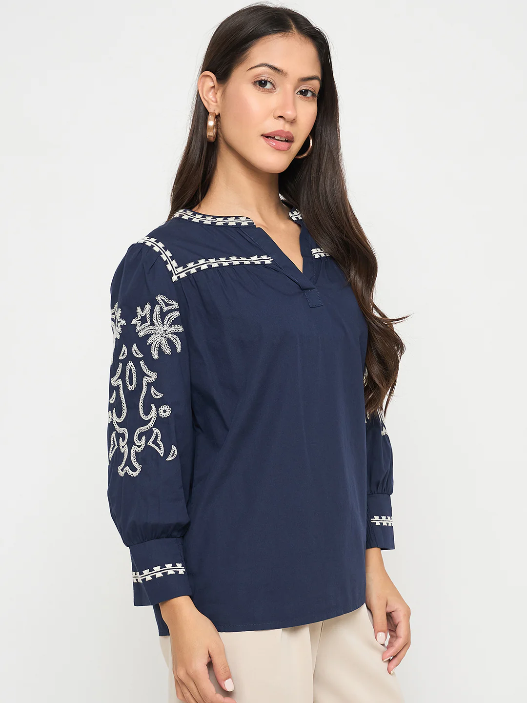 Madame Embroidered Split Crew Neck Navy Blue Cotton Top - Image 4