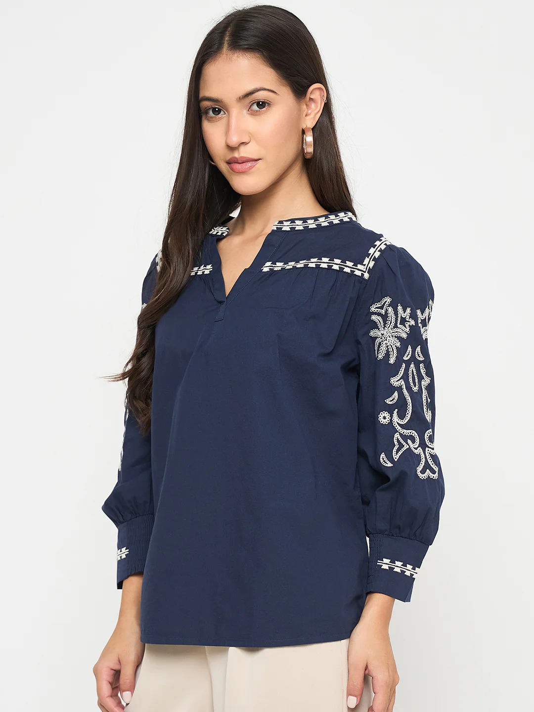 Madame Embroidered Split Crew Neck Navy Blue Cotton Top - Image 5