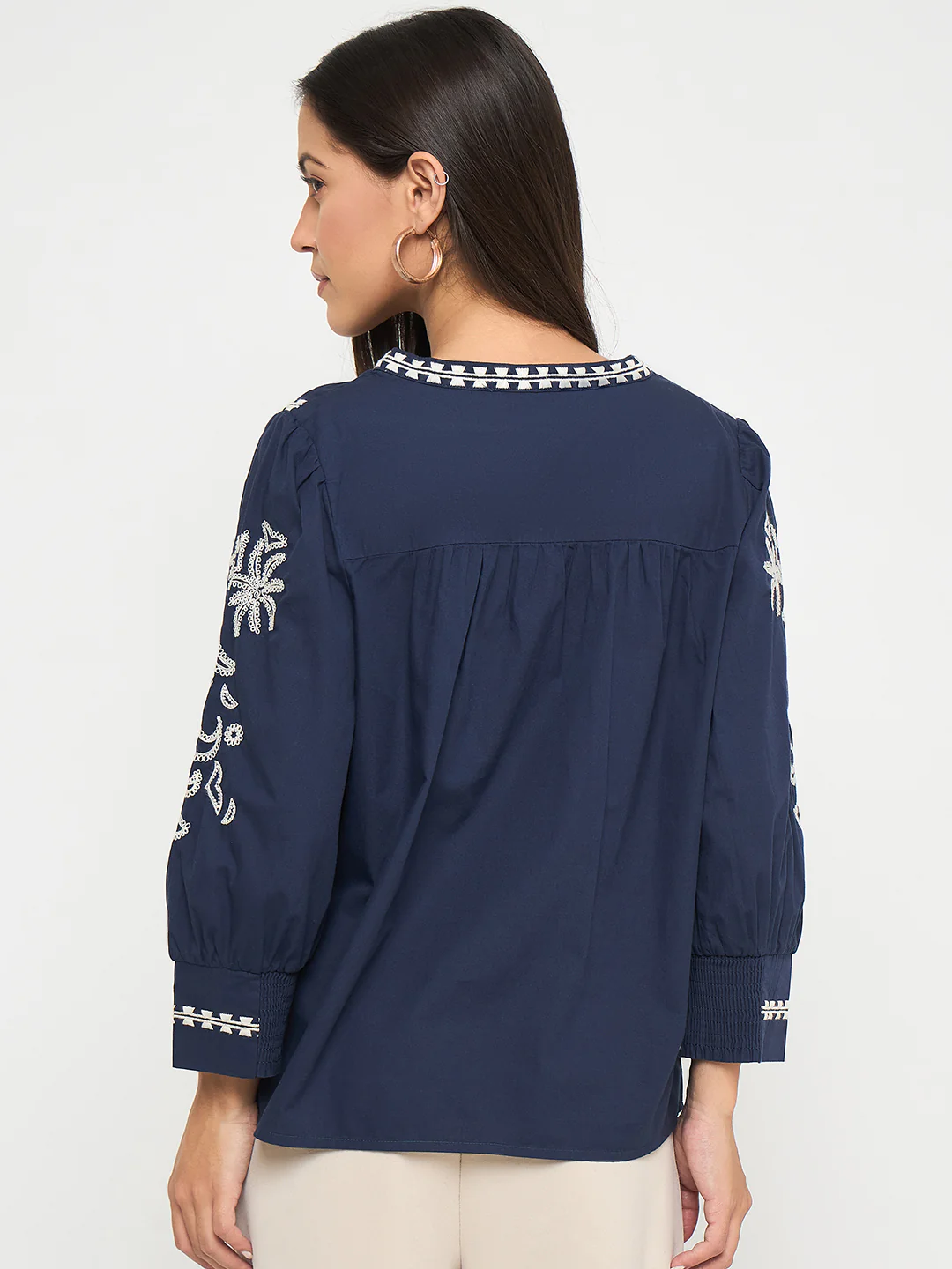 Madame Embroidered Split Crew Neck Navy Blue Cotton Top - Image 6
