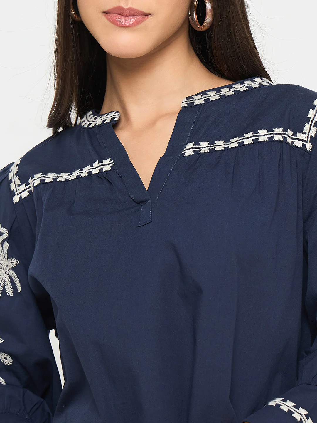 Madame Embroidered Split Crew Neck Navy Blue Cotton Top - Image 7