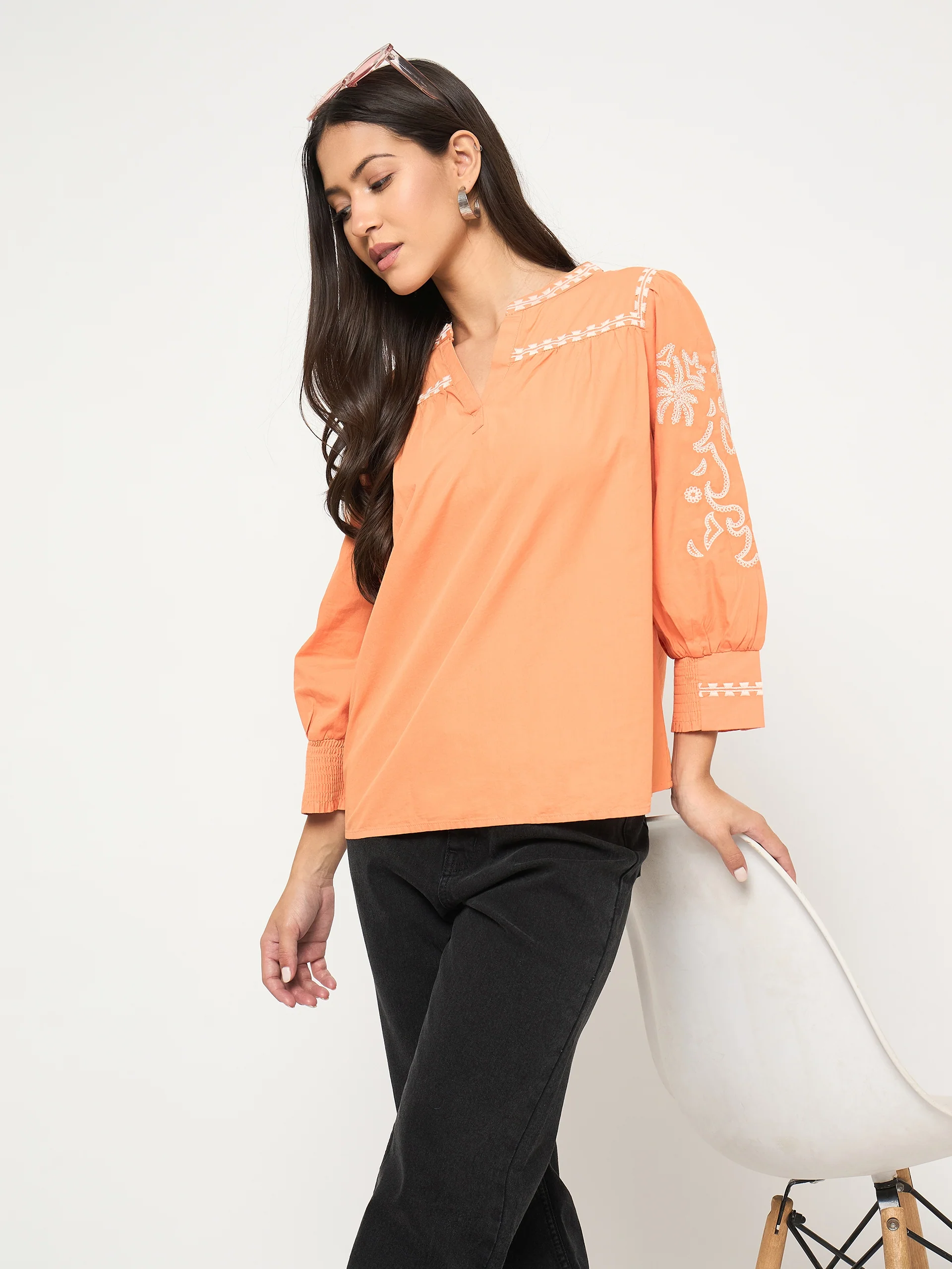 Madame Embroidered Split Crew Warm Amber Cotton Top