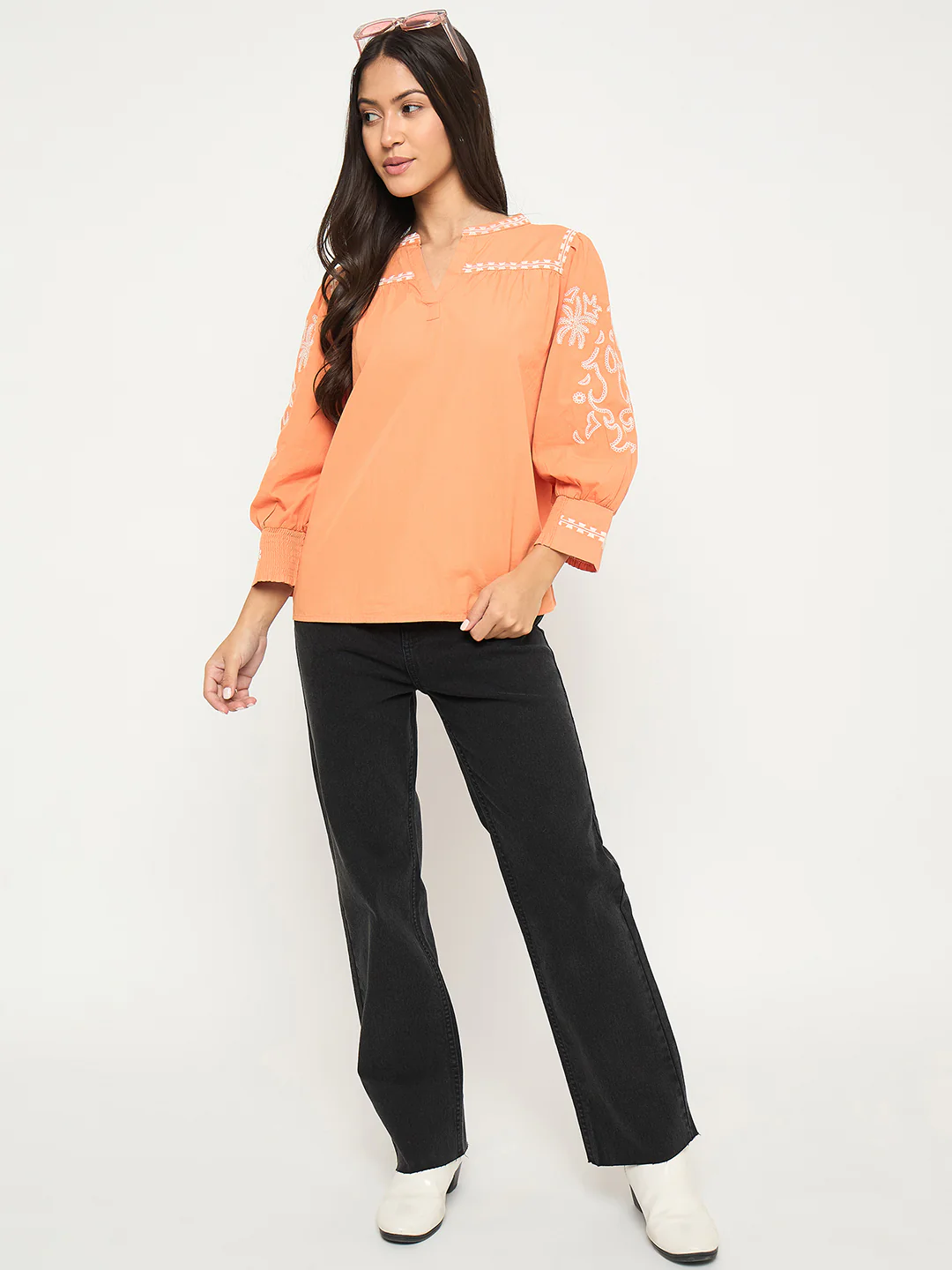 Madame Embroidered Split Crew Warm Amber Cotton Top - Image 2