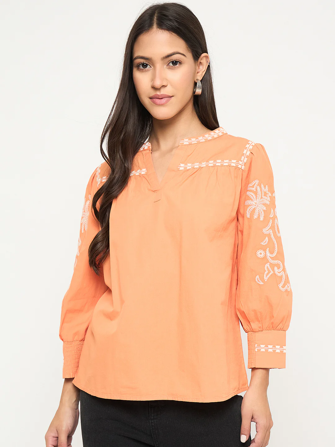 Madame Embroidered Split Crew Warm Amber Cotton Top - Image 3