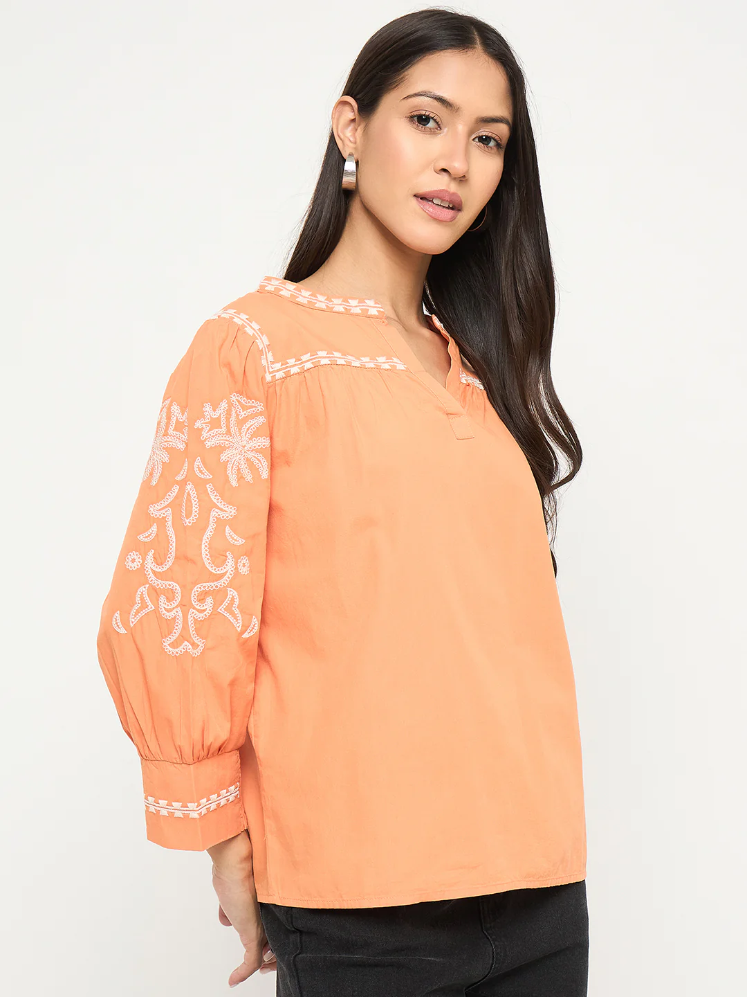 Madame Embroidered Split Crew Warm Amber Cotton Top - Image 4
