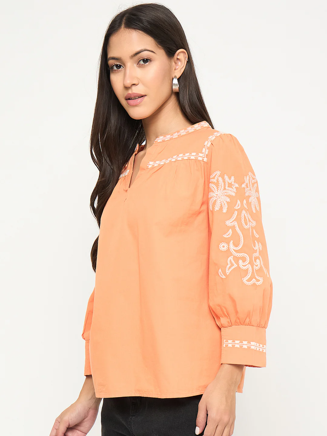 Madame Embroidered Split Crew Warm Amber Cotton Top - Image 5