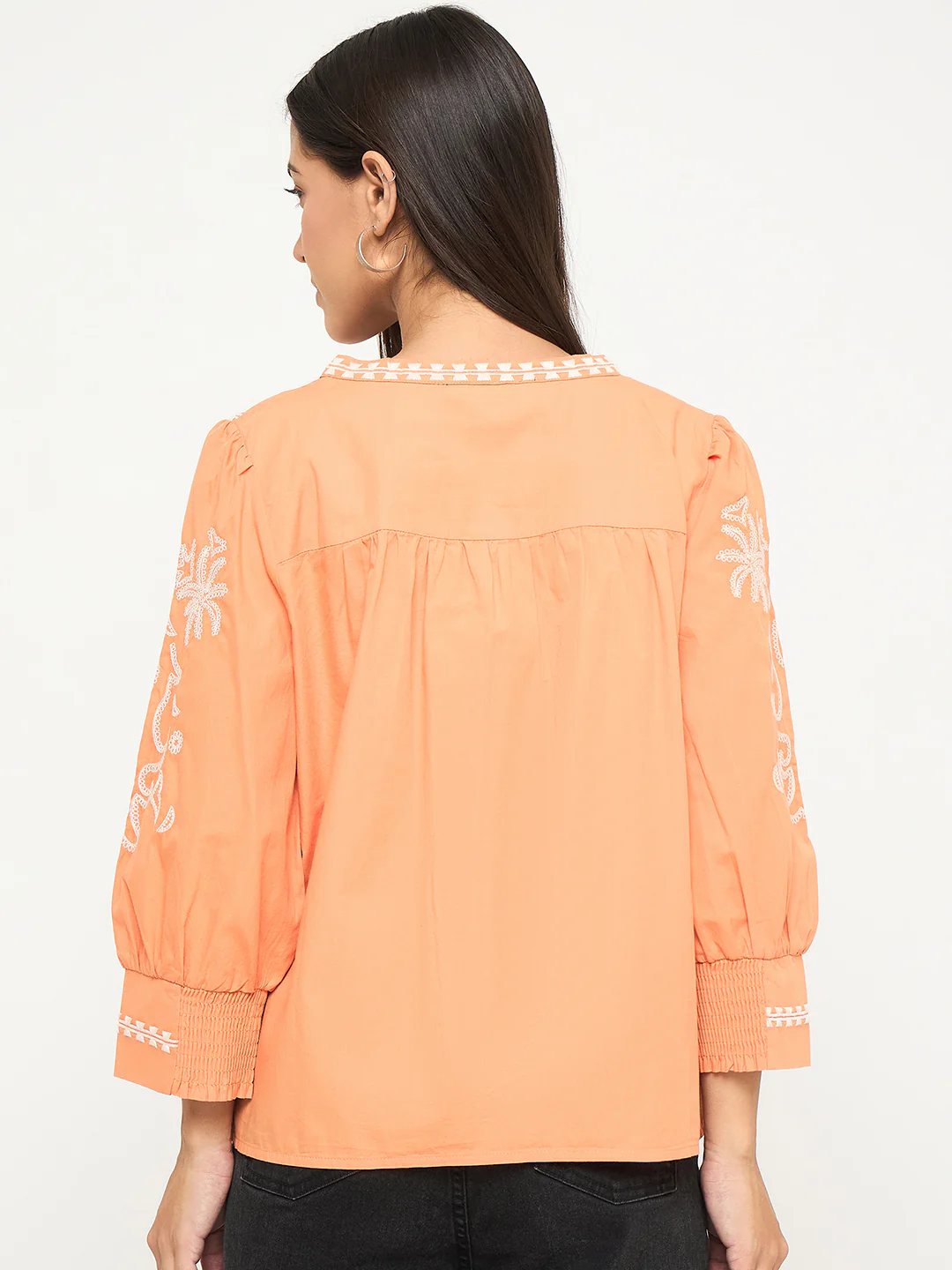 Madame Embroidered Split Crew Warm Amber Cotton Top - Image 6