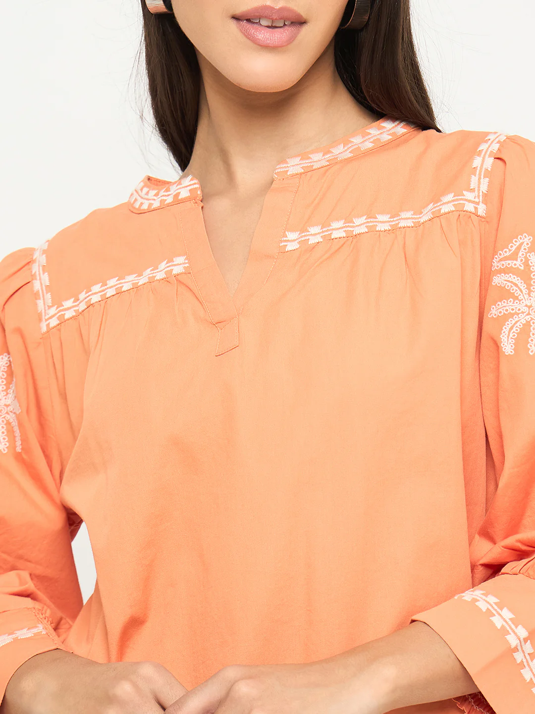 Madame Embroidered Split Crew Warm Amber Cotton Top - Image 7