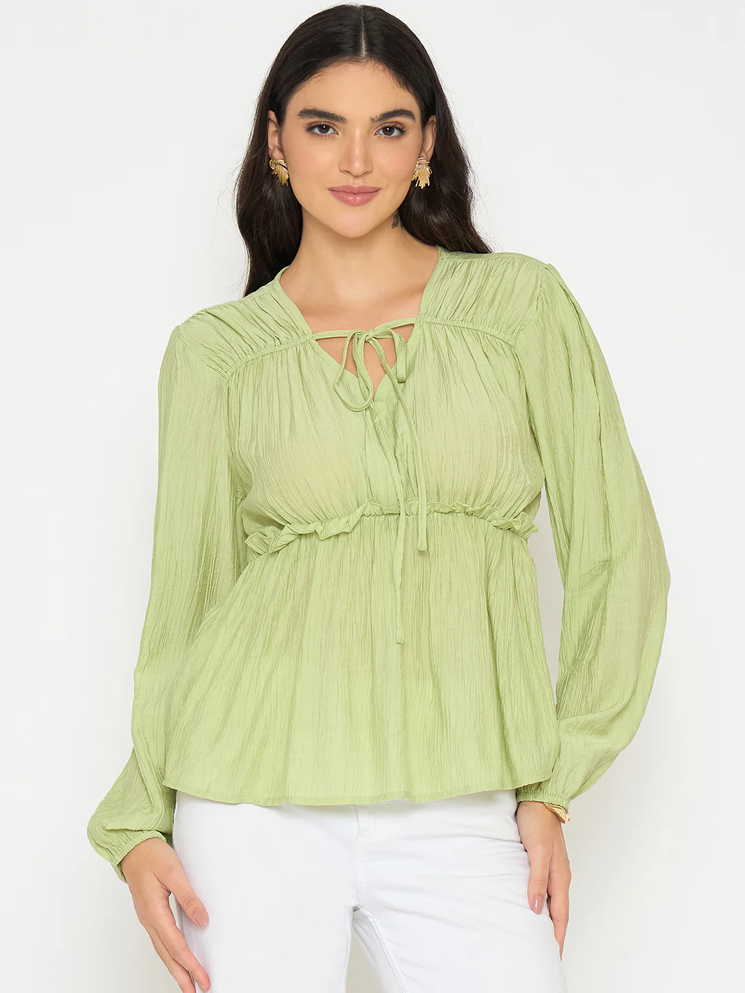 Madame Cinch Waist Apple Green Peplum Top - Image 3