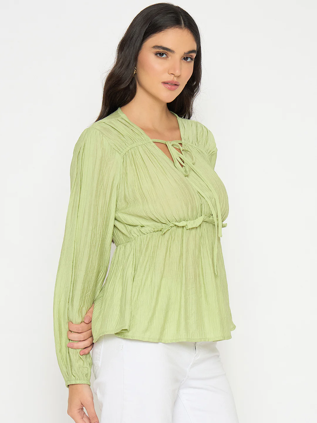 Madame Cinch Waist Apple Green Peplum Top - Image 4