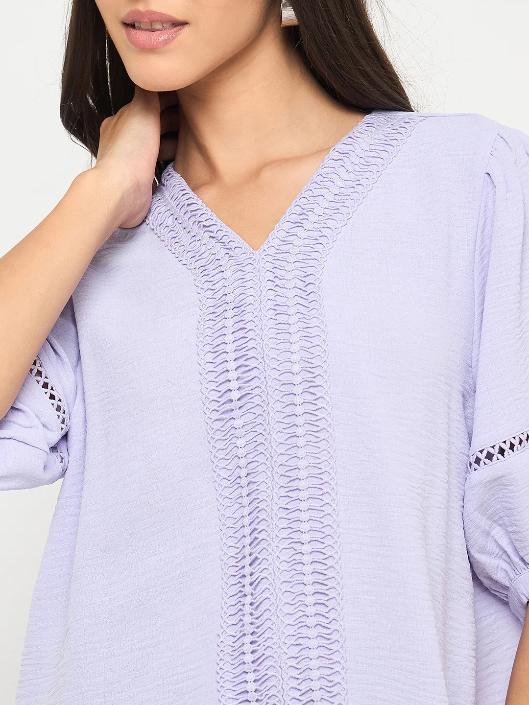 Madame Lace Detailed V-Neck Solid Lilac Knit Top - Image 7