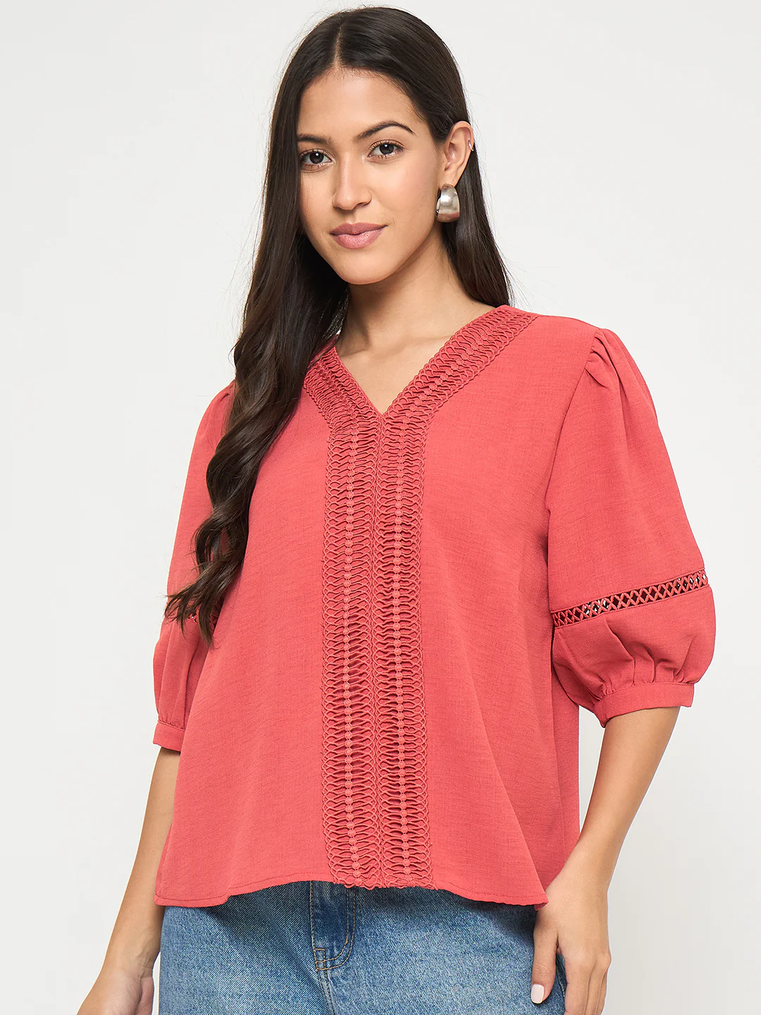 Madame Lace Detailed V-Neck Solid Red Knit Top - Image 3