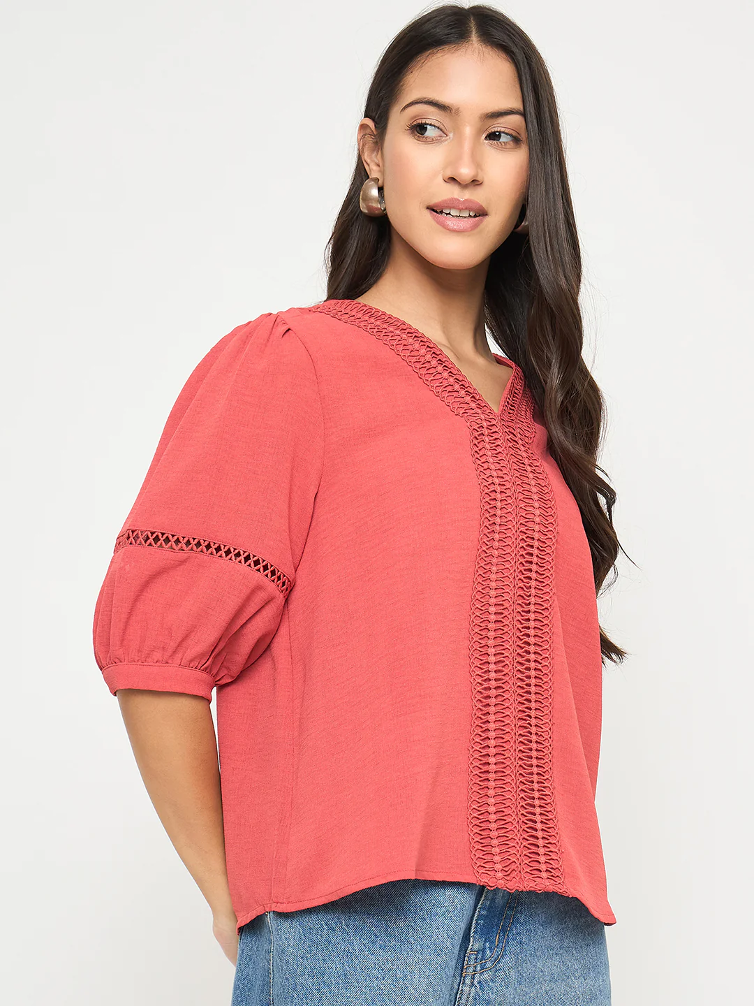Madame Lace Detailed V-Neck Solid Red Knit Top - Image 4