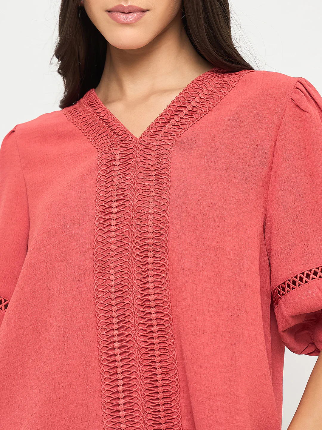 Madame Lace Detailed V-Neck Solid Red Knit Top - Image 7