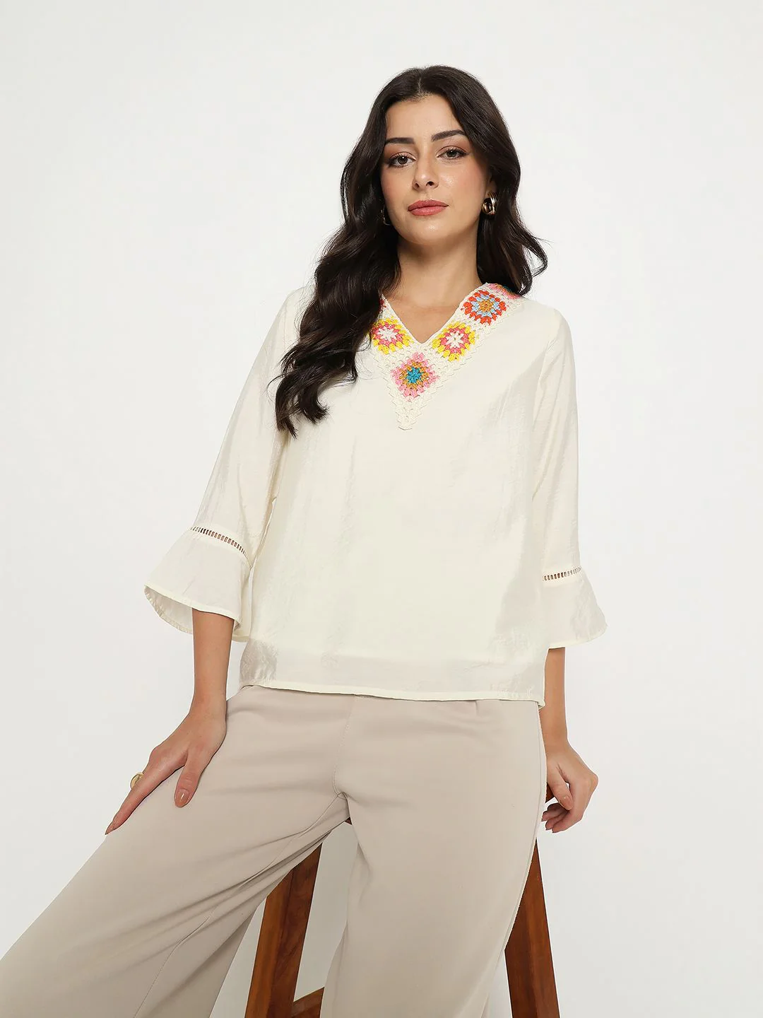 Madame Embroidered Neckline Rayon Blend Beige Top